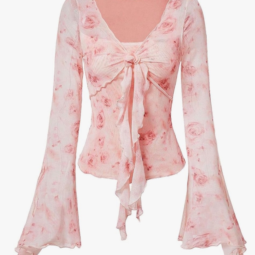 Floral Pink Women's Top Bell Sleeve Y2K 200s Trendy Trending Vintage Style